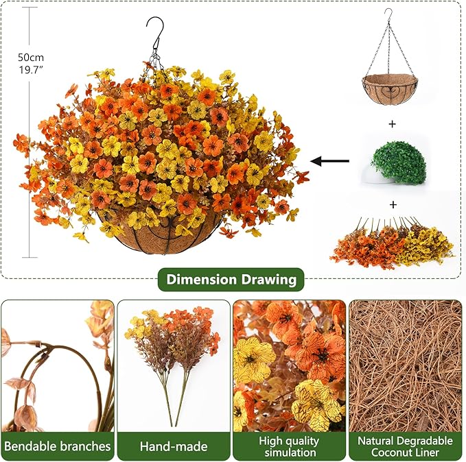 Artificial Fake Hanging Baskets Fall Flowers for Outdoors Autumn Decoration, 12 PCS Faux Daisy Silk Plants Outside UV Resistant Look Real Yard Patio Front Porch Balcony Home Decor (Orange Yellow)