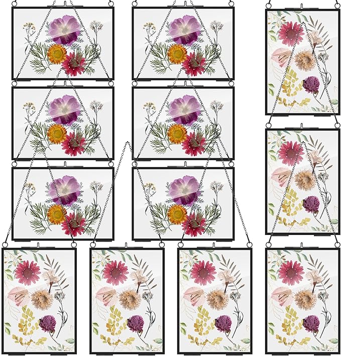 Barydat 12 Pack Pressed Flowers Glass Frames, 5 x 7 Inch Brass Hanging Floating Frame with Chain, Double Glass Photo Display for Dried Flowers, Plant Specimen, Artwork Display (Black)