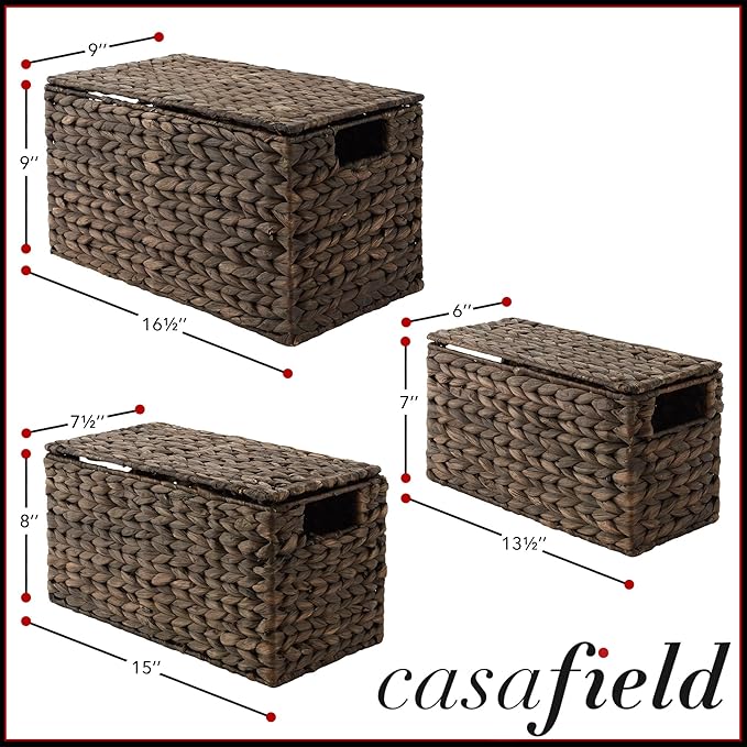 Casafield Set of 3 Water Hyacinth Storage Baskets with Lids, Espresso - Small, Medium, Large Woven Nesting Bins for Bathroom, Bedroom, Closets, Shelves