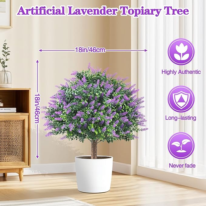 Set of 2 Pack Large Artificial Plants Lavender Topiary Ball Tree, 24.8" Tall Outdoor UV Resistant Simulated Bushes with Ground Spike, Faux Lavender Shrubs for Indoor, Front Porch, Home Garden