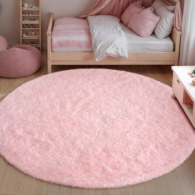 Pink Round Rug for Bedroom, 4Ft Fluffy Circle Area Rugs for Living Room, Shag Fuzzy Carpet for Kids Room, Nursery, Dorm, Classroom, Teen, Cute Baby Play Mat Home Decor Aesthetic