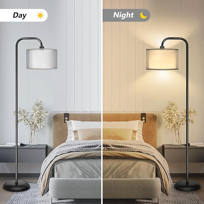 PARTPHONER LED Floor Lamp for Living Room, Modern Standing Lamp with Foot Switch Grey Organza Fabric Shade Tall Pole Reading Lamp for Bedroom Study Room Office, 9W Bulb Included