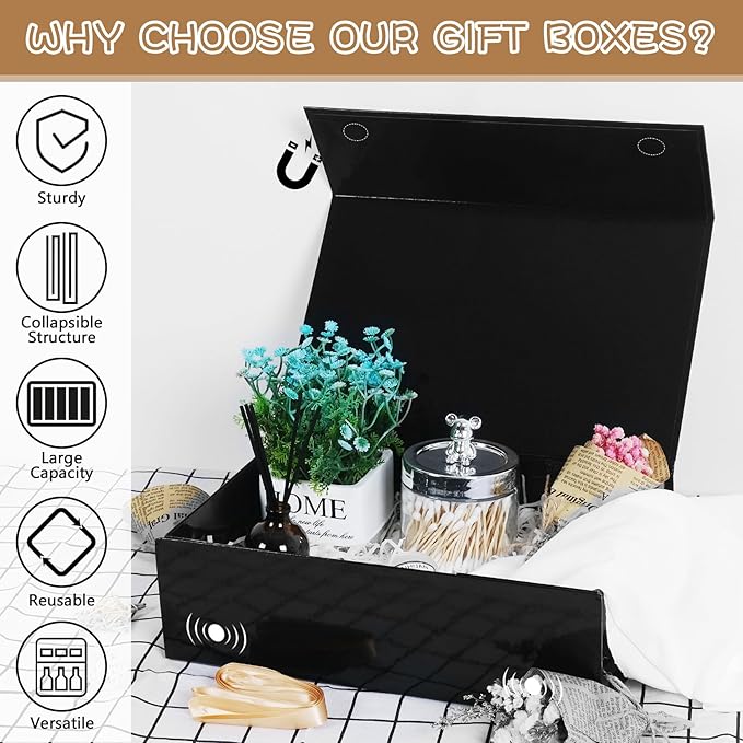 RayofSun Black Gift Box,13.8" x 9" x 4.3" Large Groomsmen Proposal Box with Magnetic Closure Lid and Ribbon for Anniversary Wedding Birthday Graduation Festivals (1 Pack)