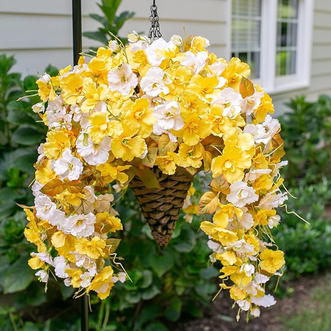 Ivydale Artificial Hanging Hibiscus Flowers with Basket for Outdoors Fall Decoration, UV Resistant Fake Hibiscus Vines Faux Plants Realistic Silk Flowers for Planters Outside Home Patio Porch Balcony