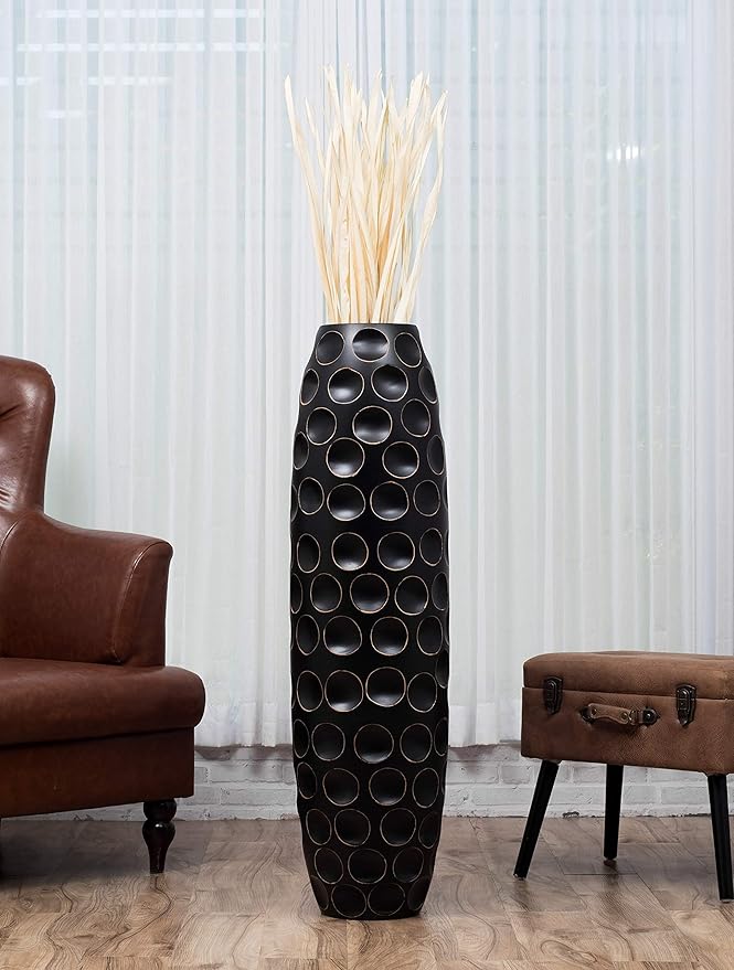 Leewadee Large Black Home Decor Floor Vase – Wooden 41 inches Tall Farmhouse Decor Flower Holder for Fake Plant and Pampas Grass