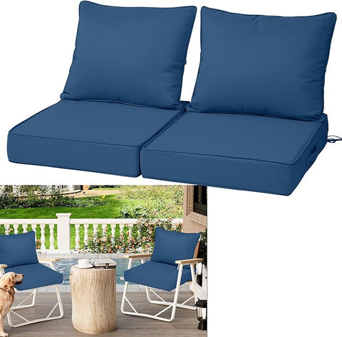 Outdoor Deep Seat Cushions for Patio Furniture Set of 2, Waterproof Outdoor Chair Cushions 24 x 24 x 4'' Patio Furniture Cushion with Fade Resistant Removable Cover, Handle & Straps, Dark Blue