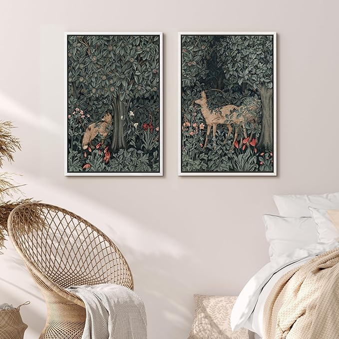 MUDECOR Framed Canvas Print Wall Art Enchanting Forest Wildlife Prints Deer & Fox in Woodland Nature Wilderness Illustrations Realism Decorative for Living Room, Bedroom, Office - 16"x24"x2 White