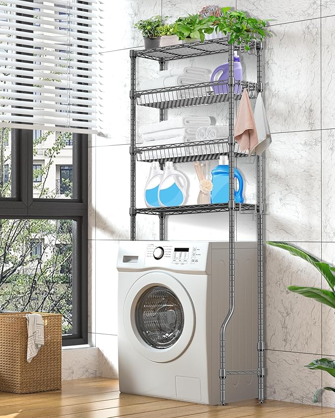 Over The Toilet Storage, 4-Tier Over Toilet Shelf Organizer Metal Storage Rack Freestanding Bathroom Space Saver with Adjustable Shelves and Baskets, Gray