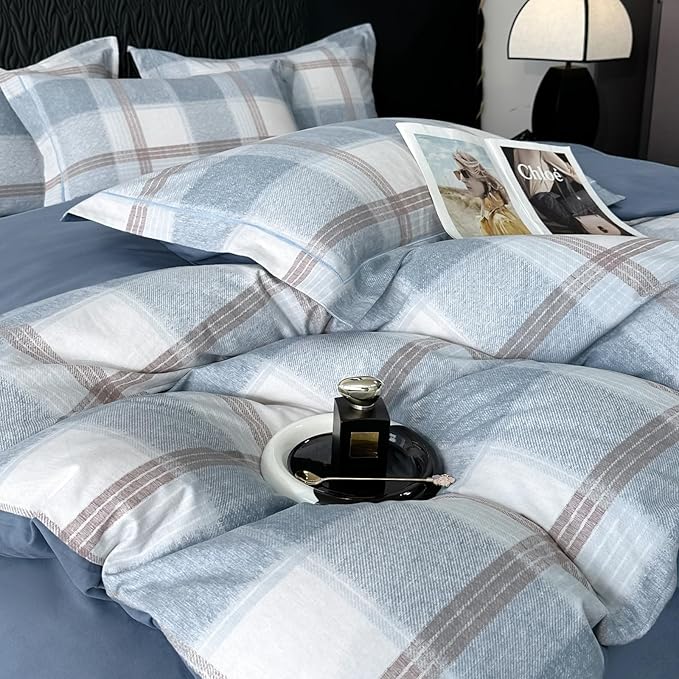 VM VOUGEMARKET Blue White Plaid Duvet Cover Queen,3 Pieces Thick Brushed Cotton Duvet Cover Set,Simple Modern Teen Boys Gingham Bedding Set Without Comforter-90x90 Inch