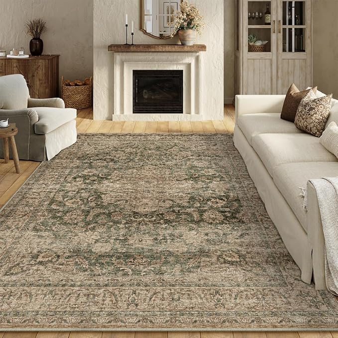 10x14 Green Vintage Area Rug for Living Room Bedroom Large Traditional Low Pile Soft Carpet Non-Slip Thin Retro Distressed Accent Washable Throw Rug for Dining Room Office Kitchen Indoor