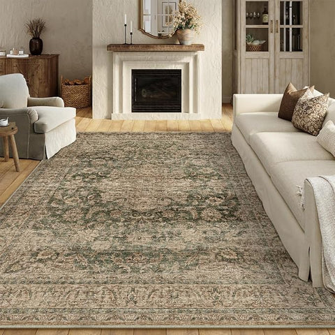 10x14 Green Vintage Area Rug for Living Room Bedroom Large Traditional Low Pile Soft Carpet Non-Slip Thin Retro Distressed Accent Washable Throw Rug for Dining Room Office Kitchen Indoor