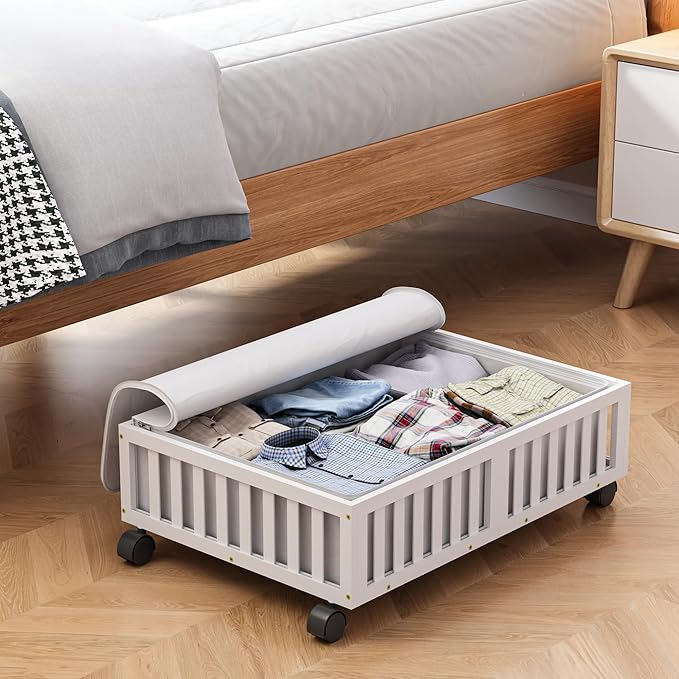 Bamboo Under Bed Storage Containers with Wheels, Rolling Under the Bed Shoe Storage Bins, Wood Stackable Underbed Drawers with Bag Organizer for Bedroom Closet Clothing Sweater Under Crib Toy White