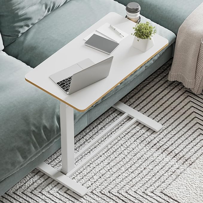 Medical Overbed Adjustable Bedside Table with Hidden Casters, Pneumatic Mobile Rolling Laptop Standing Desk with Tray for Home and Hospital Use, White