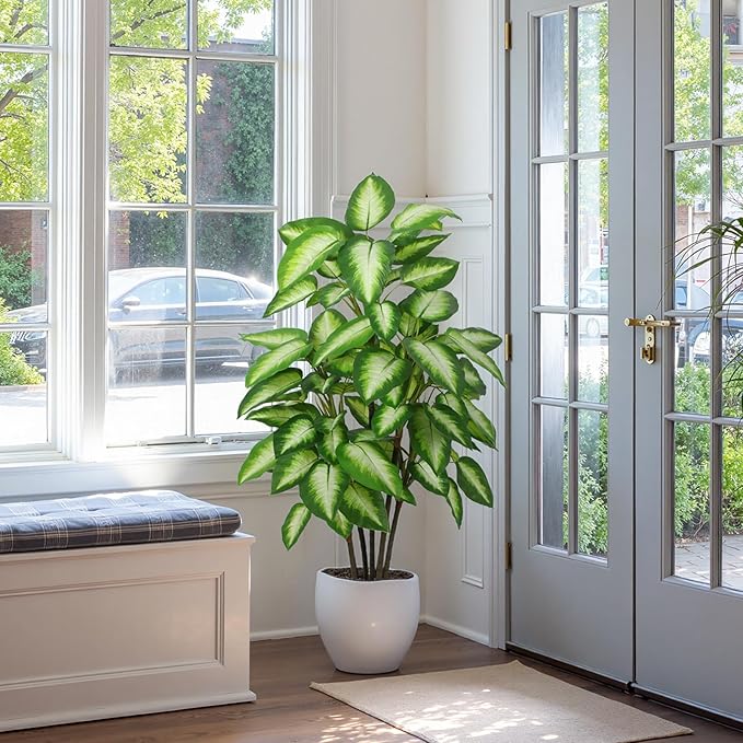 Artificial Golden Dieffenbachia 4ft Tall Artificial Plants Indoor Decorative Silk Plants Potted Faux Tropical Plants Lifelike House Floor Large Fake Plants for Home Living Room Decor