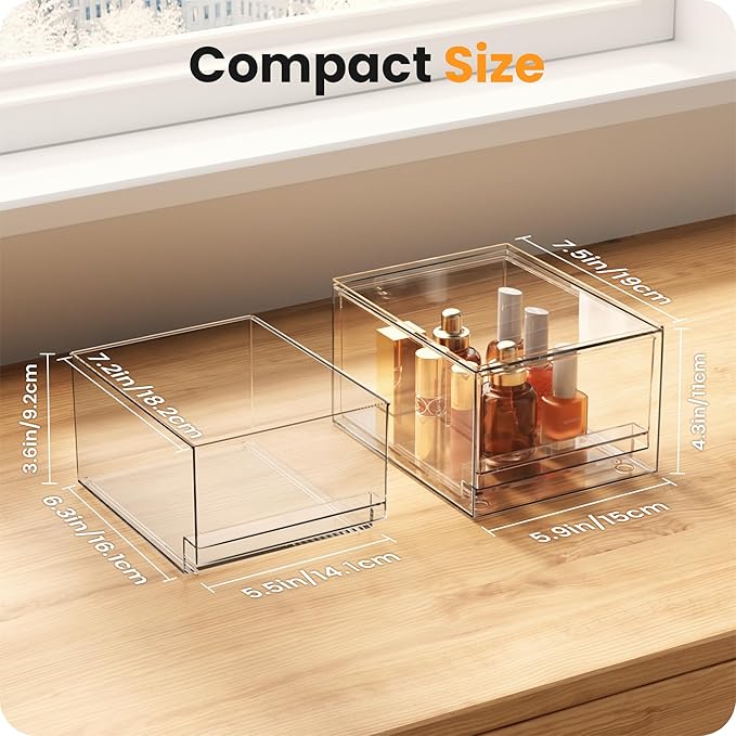 【𝟮𝗣𝗖𝗦】A-LUGEI Acrylic Stackable Storage Drawers, 7.5"L Makeup Organizer, Bathroom Organizer and Storage, Plastic Storage Bins for Kitchen Cabinet Pantry Medicine Fridge