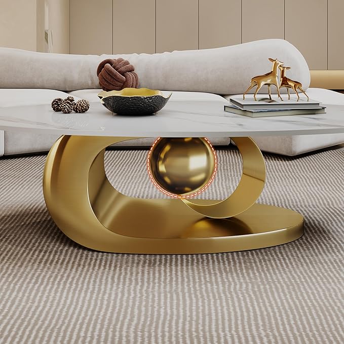 Modern Oval Sintered Stone Coffee Table, 49.2" White and Gold Rectangle Coffee Table with Faux Marble Top & Golden Geometric Stainless Steel Base, Rectangle Tea Center Table for Living Room