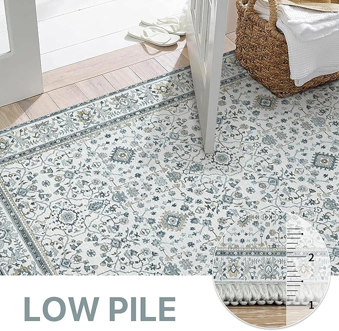 GENIMO Washable Area Rugs for Living Room Bedroom, 5x7 Boho Vintage Non Slip Rug, Low Pile Soft Floral Indoor Floor Carpet Cover for Dining Room Kitchen, Retro Gray Blue