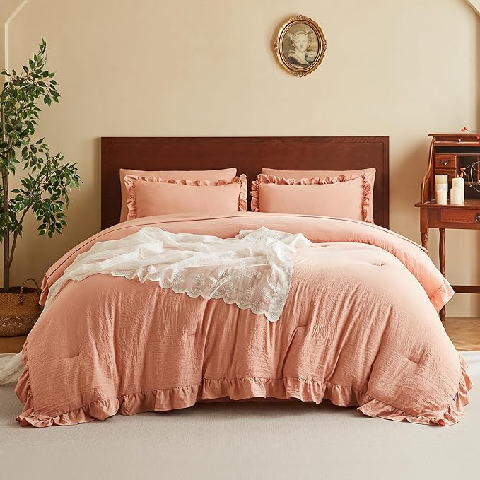 MR&HM King Comforter Set 7 Pieces, Soft Ruffled Bedding Set Coral Pink, Farmhouse Shabby Chic Bed in a Bag with 1 Comforter, 1 Flat Sheet, 1 Fitted Sheet, 2 Pillowcases & 2 Pillow Shams