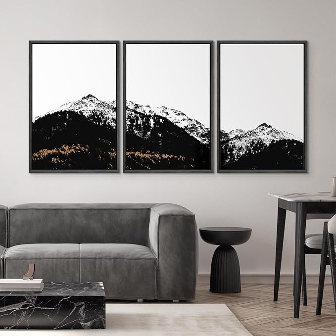 SIGNWIN 3 Piece Framed Canvas Wall Art Black and White Mountain Tops Photo Nature Wilderness Illustrations Abstract Traditional Home Artwork Decoration for Living Room,Bedroom - 16"x24"x3 Black