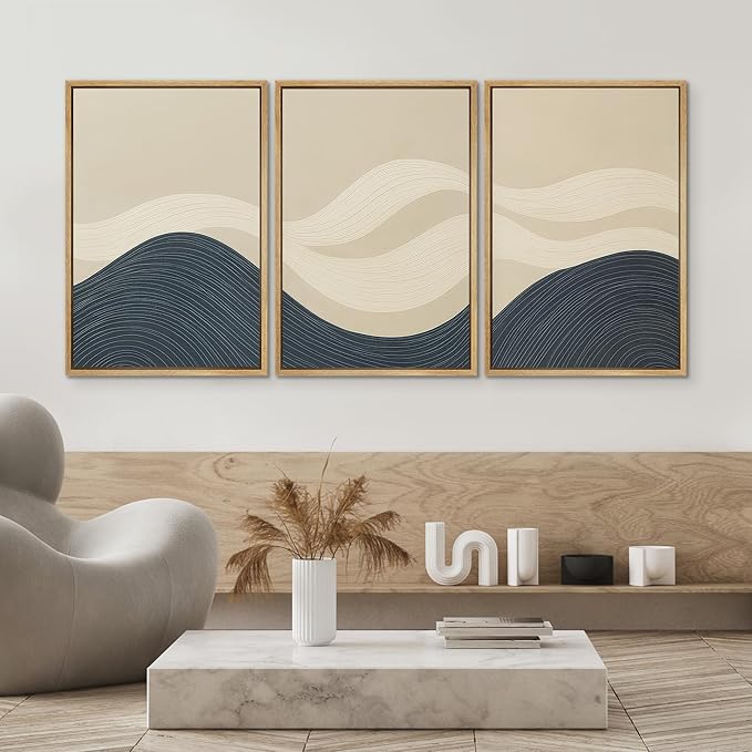 SIGNWIN Framed Wall Art Print Set Minimalist Blue and Beige Wave Modern Abstract Photography Modern Art Minimalist Closeup Dramatic for Living Room, Bedroom, Offic - 24"x36"x3 NATURAL