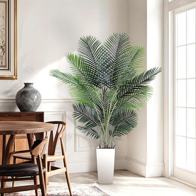 Artificial Areca Palm Tree 6FT Fake Potted Plant Faux Silk Tropical Areca Palm Real Bark Design, Large Artificial Plant in Tall White Pot for Home Living Room House Warming Floor Decor
