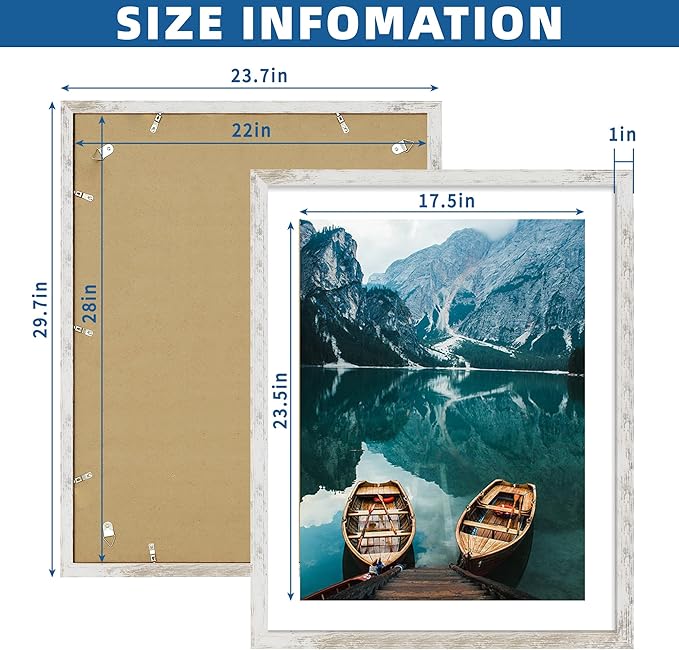 22x28 Frame Set of 2, Distressed White Wood Style - Display 18x24 Picture Frame with Mat or 22 x 28 Poster Frame without Mat, Wall Mounting Horizontal and Vertical
