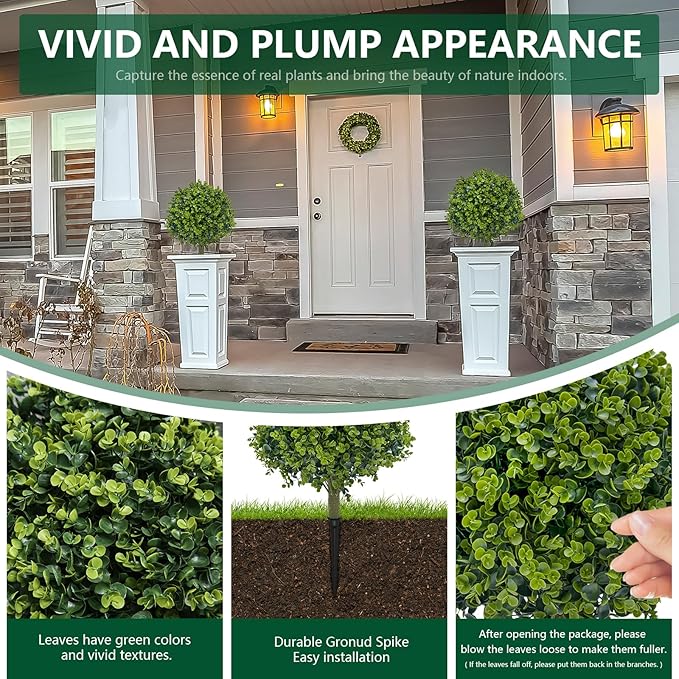 Artificial Shrubs for Outdoors UV Resistant Topiary Trees Set of 2, 21.6'' Fake Bushes Faux Boxwood Balls Greenery with Ground Spikes for Front Porch Decor,Fake Evergreen Tree for Home Decor