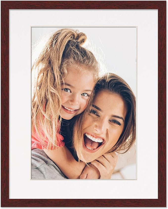 11x14 Frame with Mat - Brown 13x16 Frame Wood Made to Display Print or Poster Measuring 11 x 14 Inches with White Photo Mat