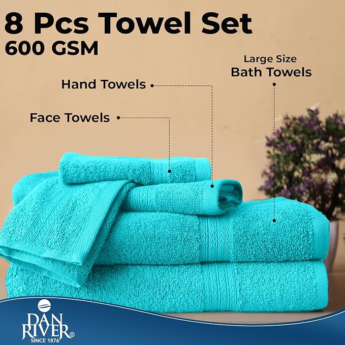 DAN RIVER 8 PC Luxury Bath Towels for Bathroom, 2 Bath, 2 Hand, and 4 Wash Cloths, 600 GSM 100% Ring Spun Cotton Towel Set, Highly Absorbent, Gym, Hotel, and Spa, Aqua