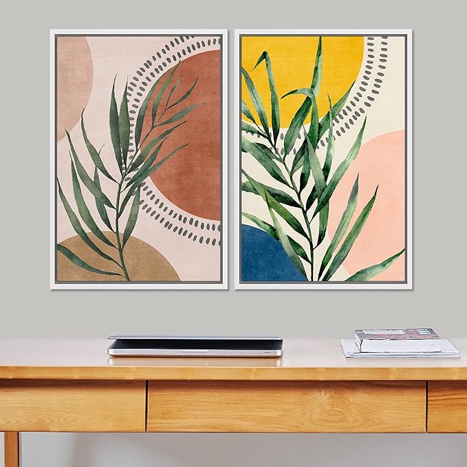 SIGNFORD Framed Canvas Print Wall Art Set Geometric Mid-Century Circle Plants Abstract Shapes Illustrations Modern Art Decorative Zen Bohemian for Living Room, Bedroom, Office - 24"x36"x2 White