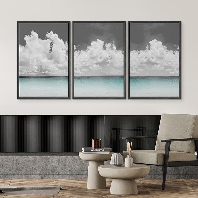 SIGNWIN 3 Piece Framed Canvas Wall Art Clouds Above The Blue Ocean Nature Wilderness Illustrations Abstract Traditional Relax/Calm Home Artwork Decoration for Living Room,Bedroom - 16"x24"x3 Black
