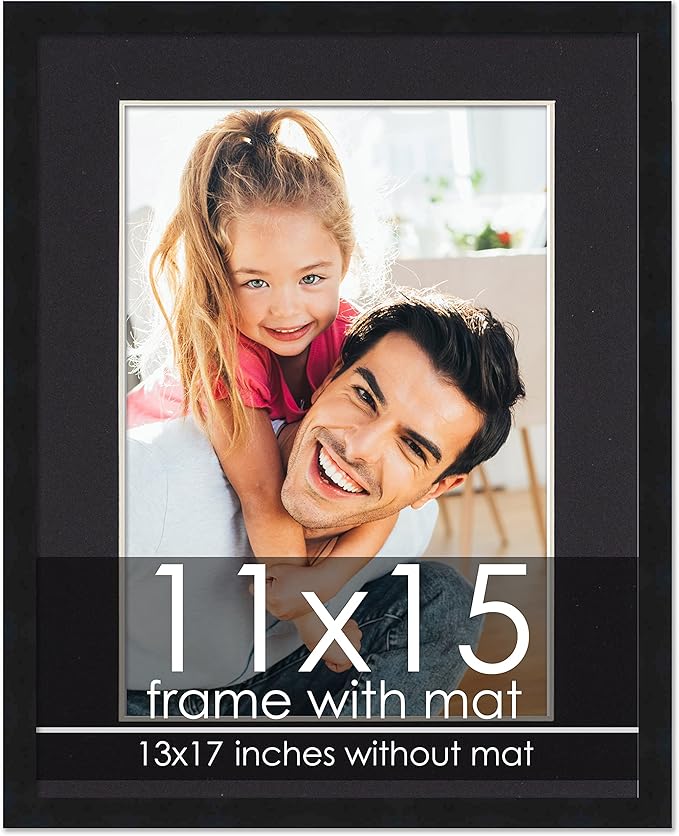 11x15 Frame with Mat - Black 13x17 Frame Wood Made to Display Print or Poster Measuring 11 x 15 Inches with Black Photo Mat