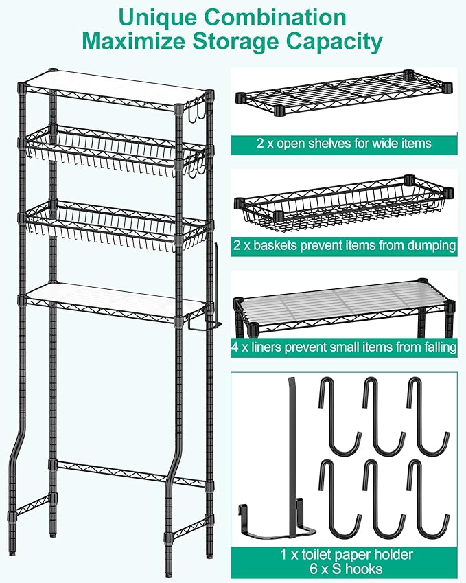 Bathroom Organizer Over The Toilet Storage, 4-Tier Metal Bathroom Over Toilet Storage Shelf Rack Freestanding Space Saver with Adjustable Shelves and Baskets, Black