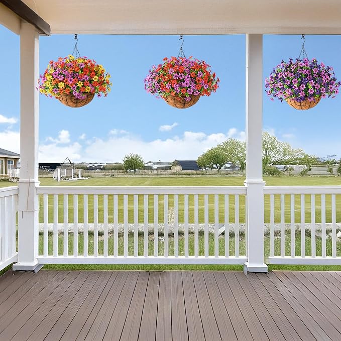 INQCMY Artificial Hanging Flowers Plants Basket for Outdoor Spring Summer Decoration,Fake Silk Colorful Daisy in Planter UV Resistant Realistic for Outside Home Porch Patio Yard Balcony Decor