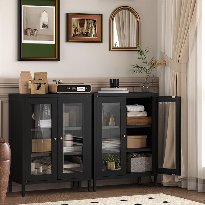 Metal Bathroom Cabinet with Glass Doors,Bathroom Floor Storage Cabinet with 2 Adjustable Shelves & 2 Doors, Sideboard for Small Spaces, Living Room, Dining Room, Home Office