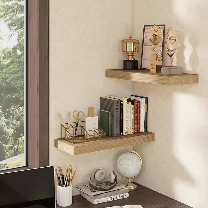 fuqing Floating Shelves for Wall - 24 Inch Wood Wall Shelves Set of 2-24 Inch Wide x 9.3 Inch Deep Natural Floating Wood Shelves with Upgraded Metal Brackets for Room