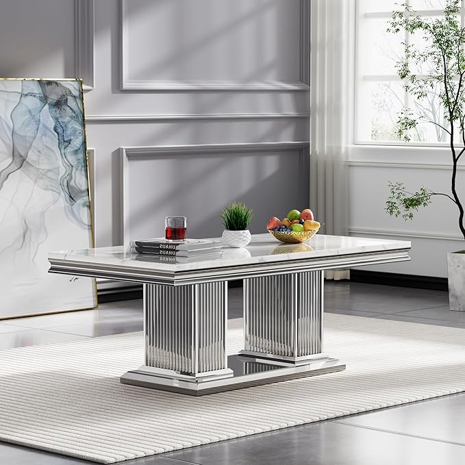 SSLine Rectangular Faux Marble Coffee Table for Living Room Modern Luxury White Marble Center Table with Silver Pedestal Base 46.8" Mid-Century Cocktail Table with Mirrored Stainless Steel Frame