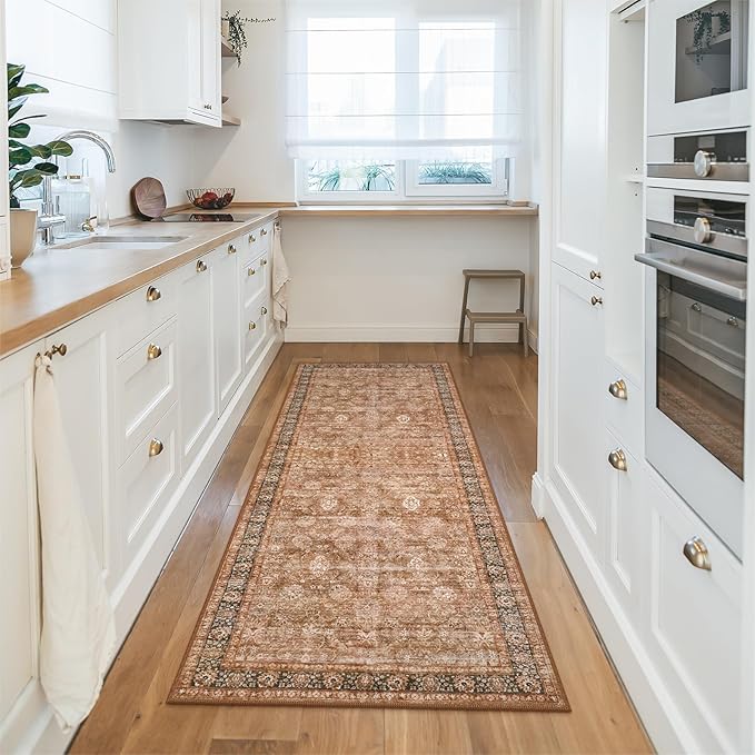 Morebes Washable Runner Rug,Boho Runner Rugs for Hallway 2x6, Non Slip Bathroom Rug, Non Shedding Distressed Floral Kitchen Mat Indoor Entrance Floor Carpet Runner for Dorm, Brown