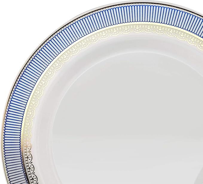" OCCASIONS " 240 Plates Pack,(120 Guests) Heavyweight Premium Disposable Plastic Plates Set -120 x 10.5'' Dinner + 120 x 7.5'' Salad/Dessert (Louvre Blue/Gold)