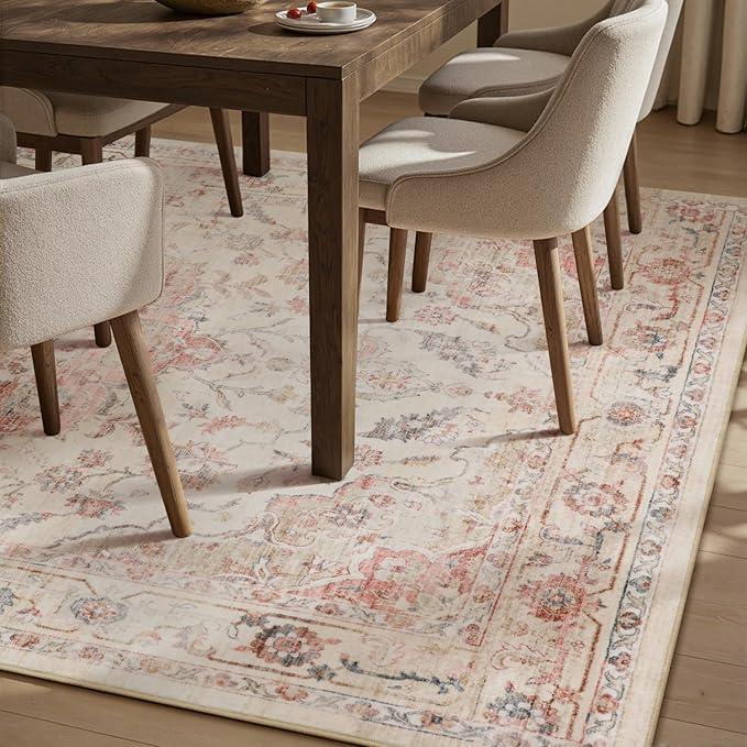 PADOOR-Vintage Area Rug 8X10 Rugs for Living Room-Soft Pink Rugs for Bedroom-Machine Washable Rug Non Slip Carpet-Rug for Dining Room Living Room Bedside Office