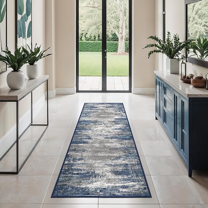 GENIMO Runners for Hallways，2x6 Washable Runner Rug Non-Slip, Long Runner Rugs with Rubber Backing, Low Pile Lightweight Rugs for Kitchen, Bedroom, Bathroom, Entryway, Blue/Ivory
