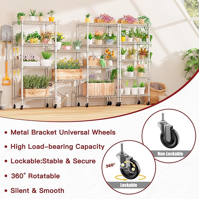 PrimeZone 3 Pack Steel Storage Wire Shelving 5 Tier Metal Shelves with Wheels,Adjustable Kitchen Utility Shelving Unit,Pantry Rack Rolling Metal Shelf Laundry,Chrome 24" Wx18 Dx75 H