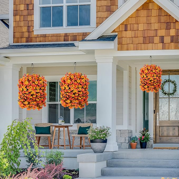 Artificial Fall Hanging Flowers Plants with Baskets for Outdoor Decoration,Fake Faux Silk Morning Glroy Flowers Arrangement Planter for Home Indoor Outside Porch Patio Decor