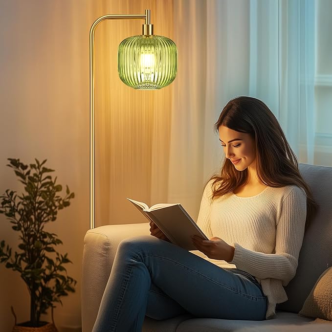 QiMH Glass Floor Lamp for Living Room, Modern Standing Lamp with Ribbed Glass Lampshade Pedal Switch, 67” Tall Lamp for Bedroom Study Room, Brushed Gold (2700K LED Bulb Included)