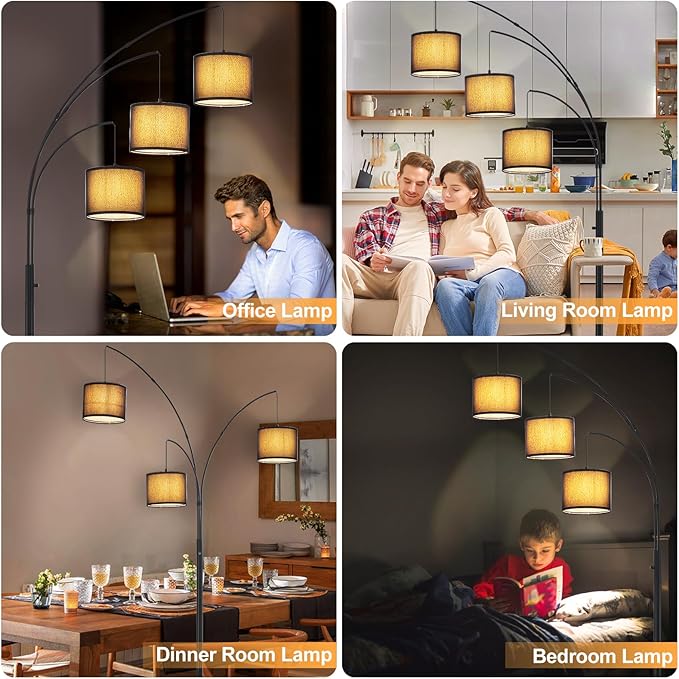 DLLT Modern Floor Lamp for Room: 3-Light Black Tree Dimmable Floor Lamps with Black Shades for Living Room - Arc Standing Lamp for Bedroom - Tall Floor Lamp for Office Corner 3 LED Bulbs Included