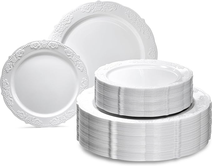 " OCCASIONS " 240 Plates Pack,(120 Guests) Vintage Wedding Party Disposable Plastic Plates Set-120x10.25'' Dinner +120x7.5'' Salad/Dessert Plate (Portofino Plain White)