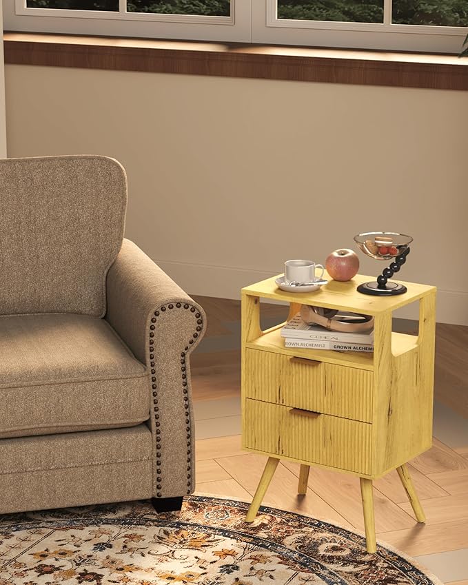 Nightstand,Modern Bedside Table with 2 Storage Drawer and Open Wood Shelf, for Bedroom and Small Spaces,Night Stand with Solid Wood Legs, Yellow Oak