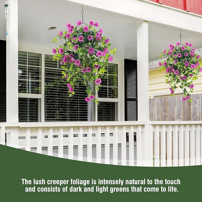 Artificial Petunias Hanging Flowers for Outdoors Uv Resistant Fake Petunias Plants Hanging Flower Patio Decor Outside Basket Realistic Silk Petunias Plant (with Pot Purple 2 PCS)