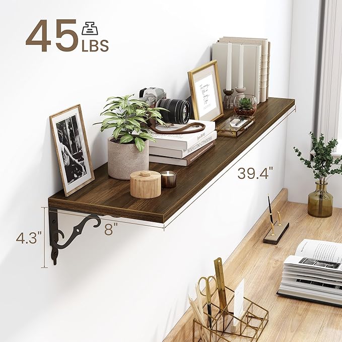 Fun Memories 40 Inch Floating Shelves Wall Mounted, 8 Inch Deep Wall Shelves with Bracket, Rustic Hanging Bookshelf, 40" Bookshelves for for Living Room, Kitchen and Bedroom, Walnut, Set of 2