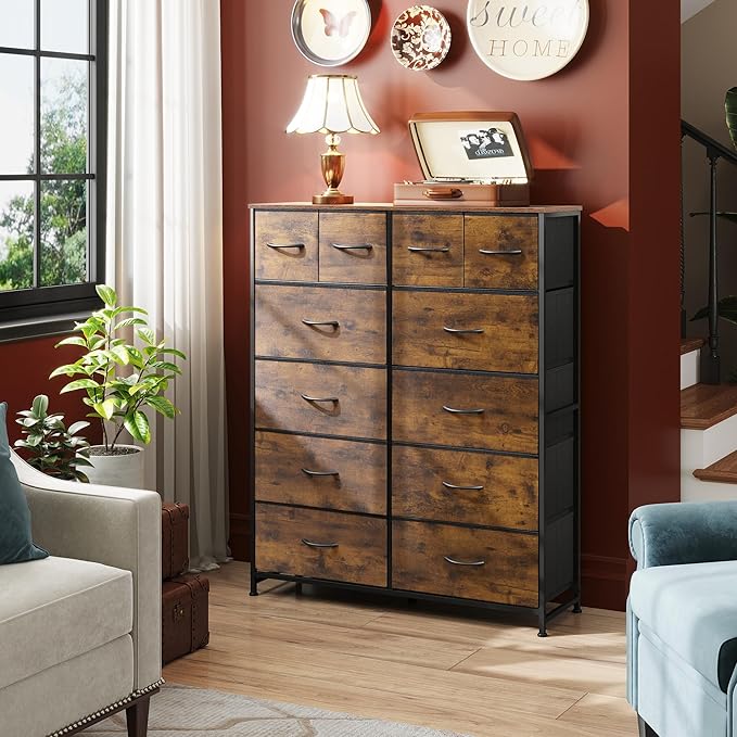 WLIVE Storage Organizer Unit with 12 Fabric Bins, Storage Drawers Organizer with Steel Frame, Tall Storage Tower Organizaton for Living Room, Hallway, Office, Rustic Brown Wood Grain Print